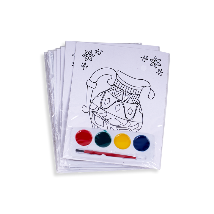 Stack of Chanukah coloring cards with a pitcher outline, four-color paint palette and red brush