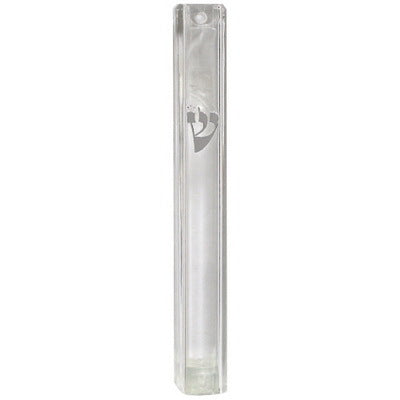 Clear Plastic Mezuzah Water Proof - Silver ''Shin 12 CM — front | Judaica Square Lakewood