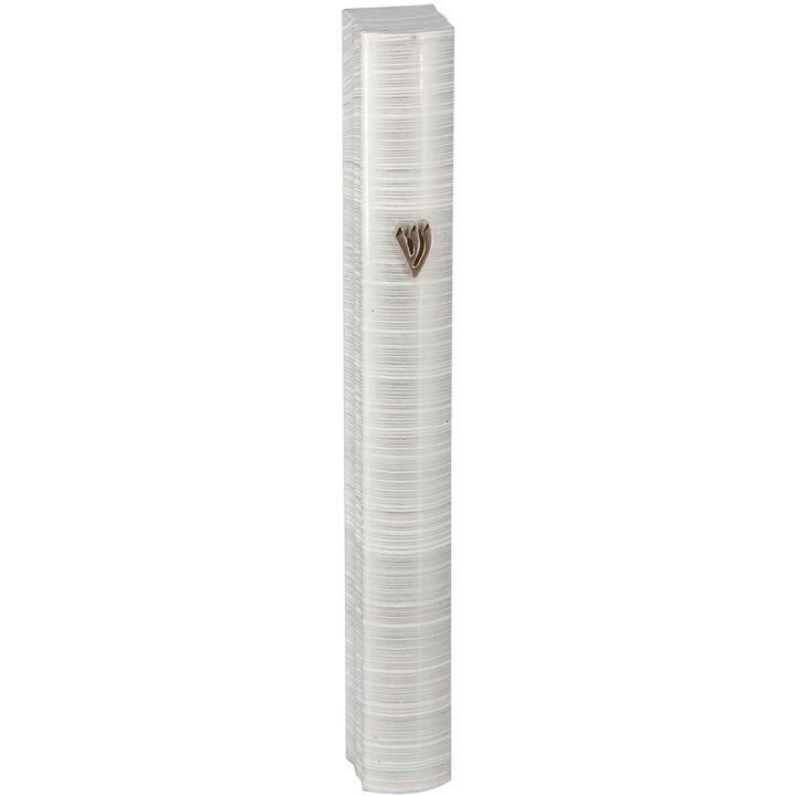 Tall white aluminum mezuzah case with thin silver horizontal stripes and bronze shin