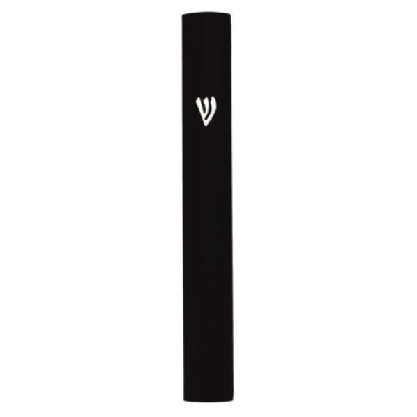 Aluminum Mezuzah 15 Cm Black Metal "Shin" — front | Judaica Square Lakewood