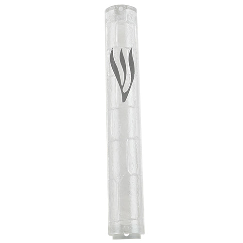 Plastic Transparent Mezuzah With Rubber Cork 15 Cm- "The Kotel" With The Letter Shin — front | Judaica Square Lakewood