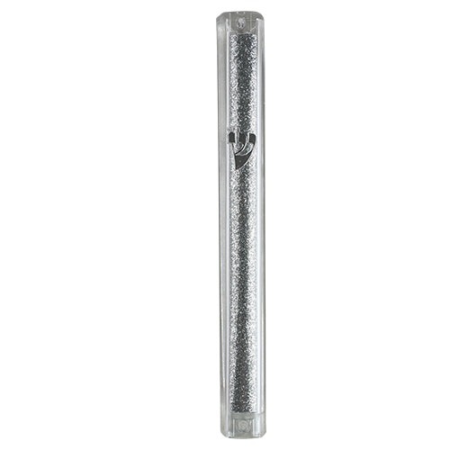Plastic Mezuzah 15 Cm- Clear With Silver Stones — front | Judaica Square Lakewood