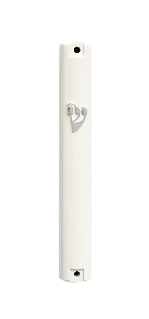 White Plastic Mezuzah Waterproof - Silver ''Shin 15 Cm — front | Judaica Square Lakewood