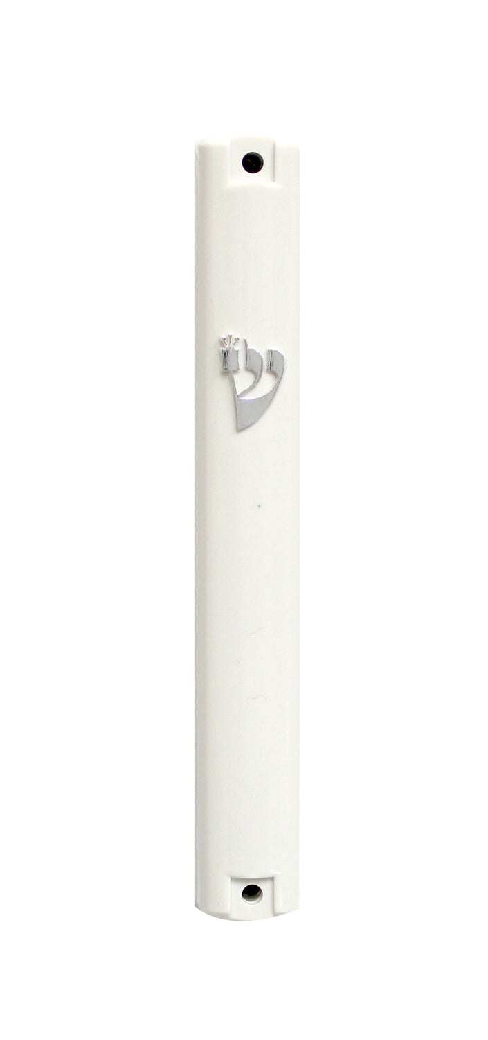 Smooth white plastic waterproof mezuzah case with silver-tone shin, front view