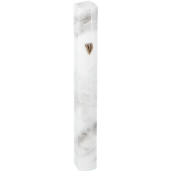Aluminum Mezuzah 12 Cm 3D Painted -White Marvel — front | Judaica Square Lakewood