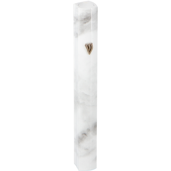 White marble-pattern aluminum mezuzah case with small bronze-tone shin, standing upright