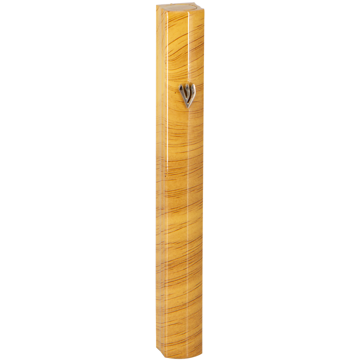 Honey-tan aluminum mezuzah case with brown wood-grain-style stripes and bronze shin