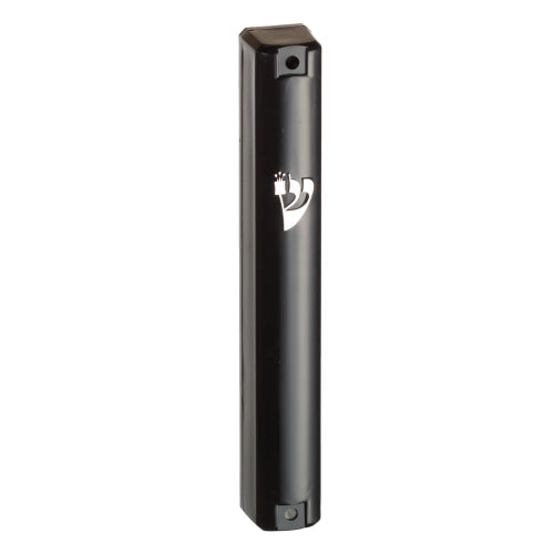 Plastic Black Mezuzah with Rubber Cork 15 cm - with Silver Shin — front | Judaica Square Lakewood