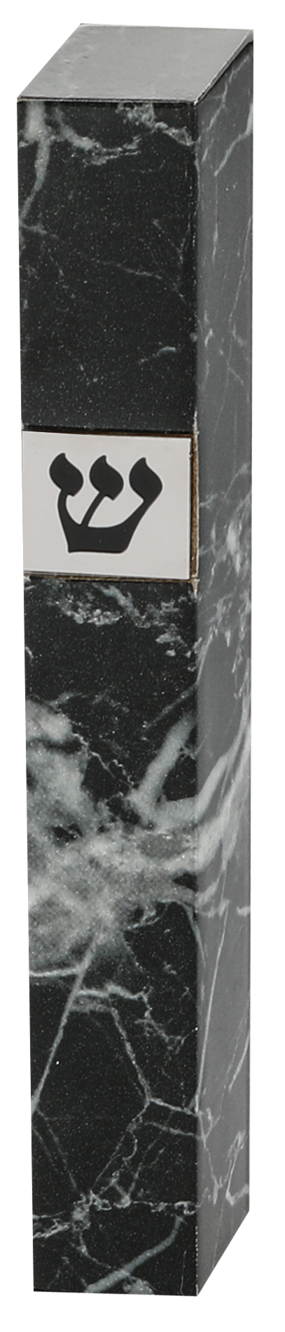 Square wood mezuzah case in black marble pattern with white panel and black shin