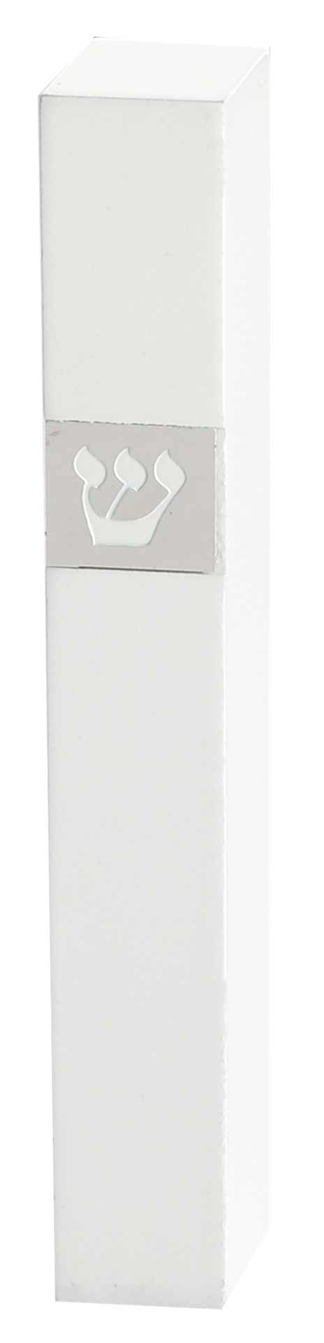 Slim square pale mezuzah case with gray square panel and white shin, front view