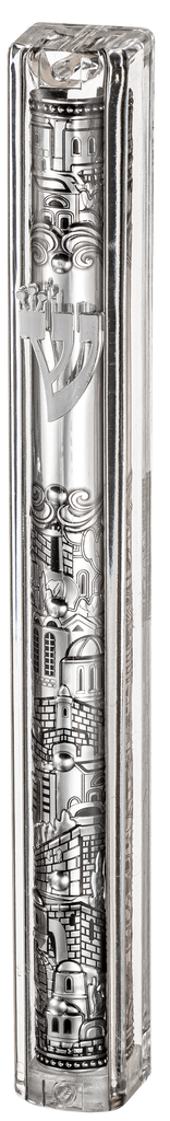 Transparent Plastic Mezuzah with Rubber Cork 12 cm- with the letter Shin and Plaque — front | Judaica Square Lakewood