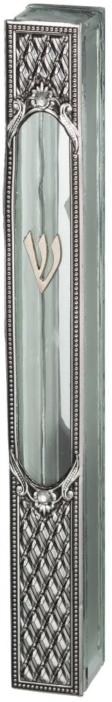 Glass Mezuzah with Traditional Metal Plaque 15 cm — front | Judaica Square Lakewood