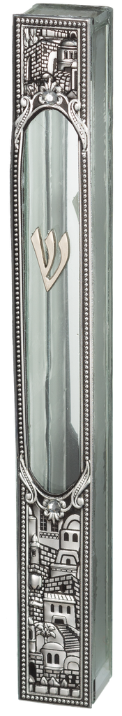Glass Mezuzah with Jerusalem Metal Plaque 20 cm — front | Judaica Square Lakewood