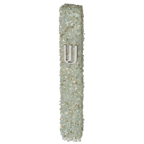 Gray - White Glass Mezuzah With Stones 12 Cm — front | Judaica Square Lakewood