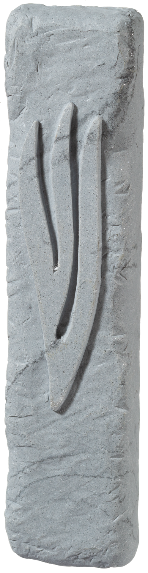 Grey chiselled-stone polyresin mezuzah case with a tall carved shin, front view