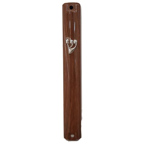 Plastic Mezuzah Cover with Rubber Cork 15 cm-Brown Wood Design — front | Judaica Square Lakewood