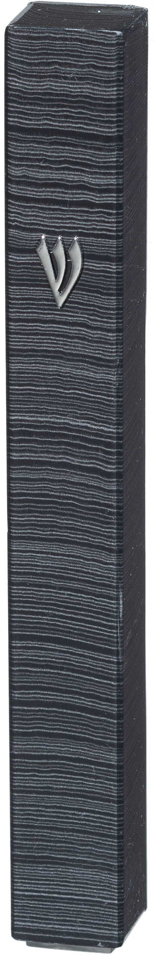 Dark grey streaked square plastic mezuzah case with silver-tone shin, three-quarter view
