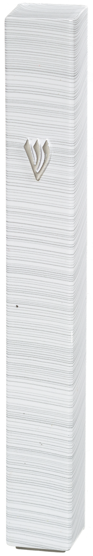 White streaked square plastic mezuzah case with raised silver-tone shin, three-quarter view