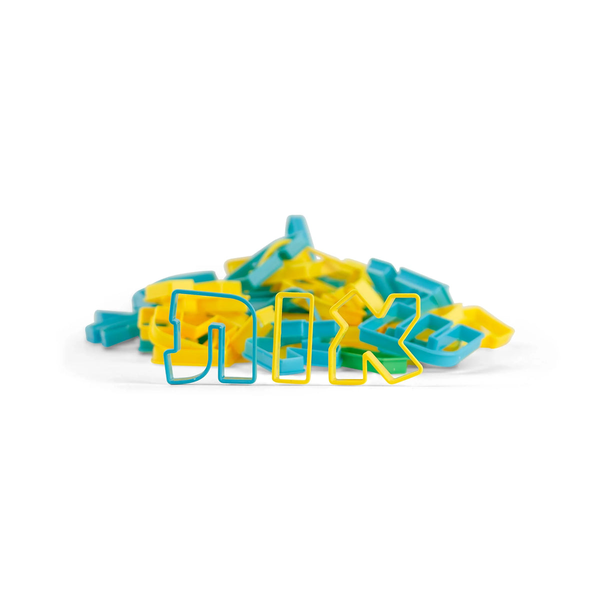 Yellow, blue and green plastic Alef-Beis letter cookie cutters piled together, close-up