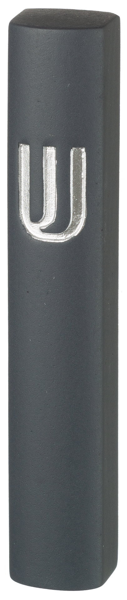 Slim dark gray mezuzah case with a raised silver shin near the top, front view