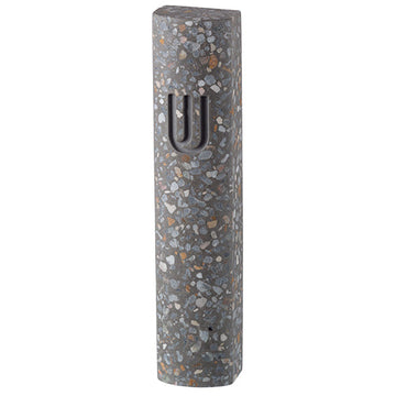 Grey cement-look polyresin mezuzah case flecked with stone chips and a recessed shin, three-quarter view