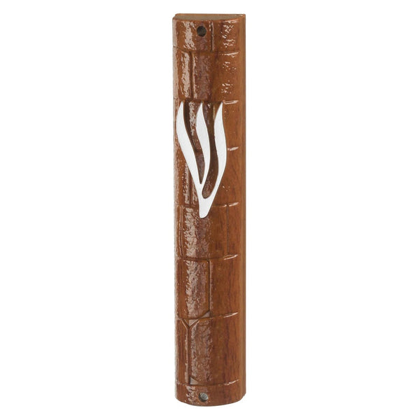 Plastic Mezuzah Cover Wood Painted with Rubber Cork 15 cm- "The Kotel" with the letter Shin — front | Judaica Square Lakewood