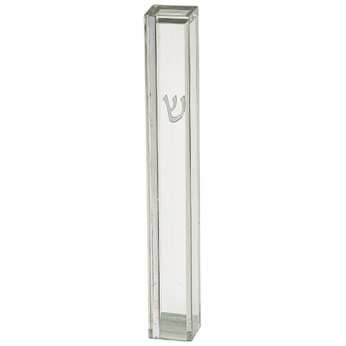 Transparent Plastic Mezuzah 15 cm - Silver SHIN & Stripe with Rubber Cork — front | Judaica Square Lakewood
