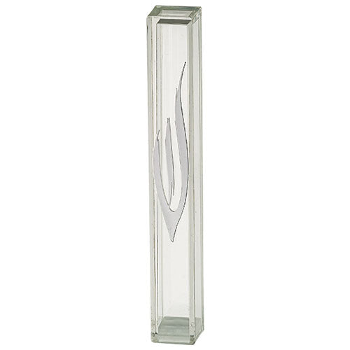 Transparent Plastic Mezuzah 15 cm - Silver SHIN with Rubber Cork — front | Judaica Square Lakewood
