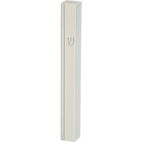 White Plastic Mezuzah 12 cm - Silver SHIN & Stripe with Rubber Cork — front | Judaica Square Lakewood