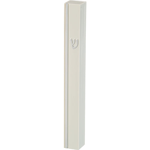 White Plastic Mezuzah 15 cm - Silver SHIN & Stripe with Rubber Cork — front | Judaica Square Lakewood