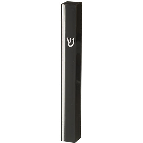 Black Plastic Mezuzah 15 cm - Silver SHIN & Stripe with Rubber Cork — front | Judaica Square Lakewood