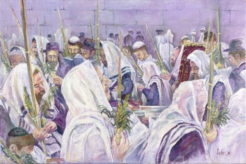 Sukkah Mural Decoration X Large Fabric' Hakafoth At The Kotel' print 4’7”X 10’ — front | Judaica Square Lakewood