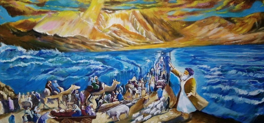 Sukkah Mural Decoration X Large Fabric' Kriyat Yam Suf ' print 4’7”X 10’ — front | Judaica Square Lakewood
