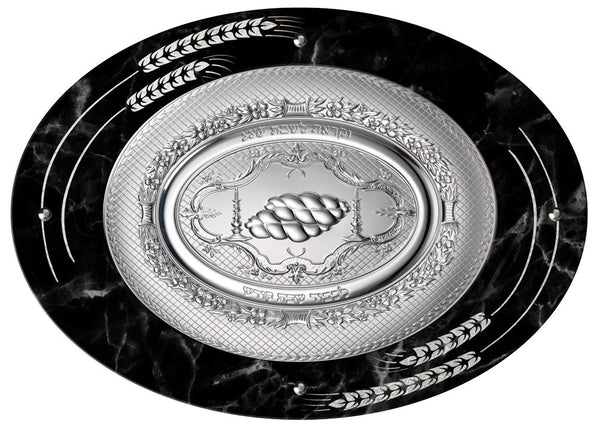 Camilletti Oval Challah Tray With 925 sp Silver 19.7x14.20" Black Marble With Silver Barley — front | Judaica Square Lakewood