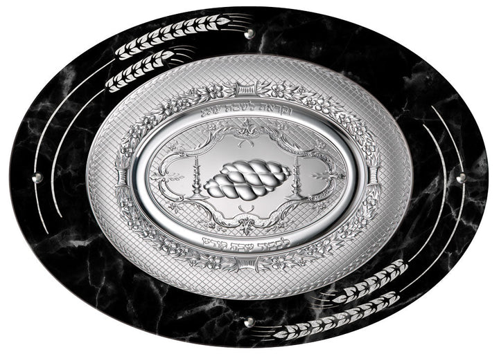 Camilletti Oval Challah Tray With 925 sp Silver 19.7x14.20" Black Marb — Challah Board