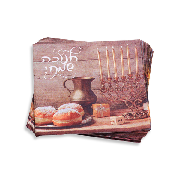 Happy Hanukkah paper napkins with pitcher and donuts 20 pcs — front | Judaica Square Lakewood