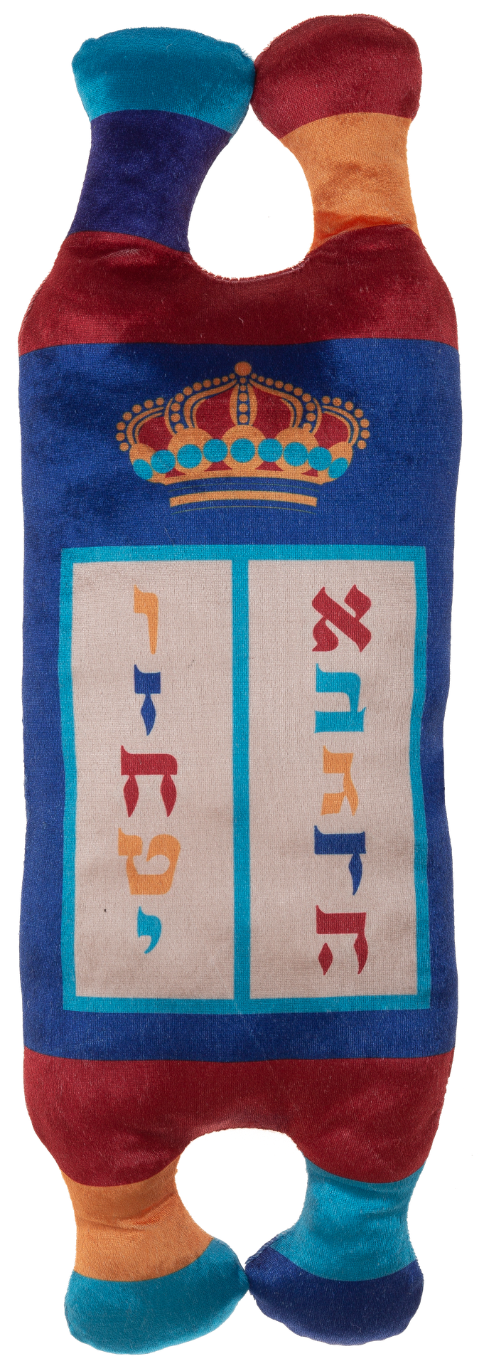 Plush kids Torah in blue velvet with red bands, gold crown and Hebrew letters, striped rollers