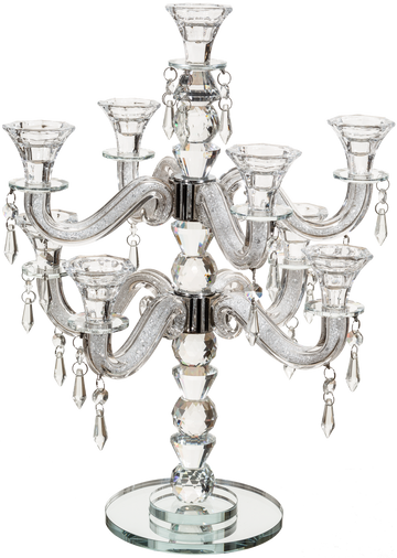 Nine-branch crystal candelabra with glitter-filled scroll arms, hanging prisms and round mirror base