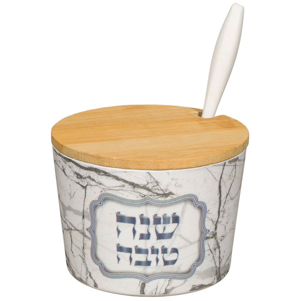 Bamboo Honey Dish "Shana Tovah" silver- 6.5 Cm — front | Judaica Square Lakewood