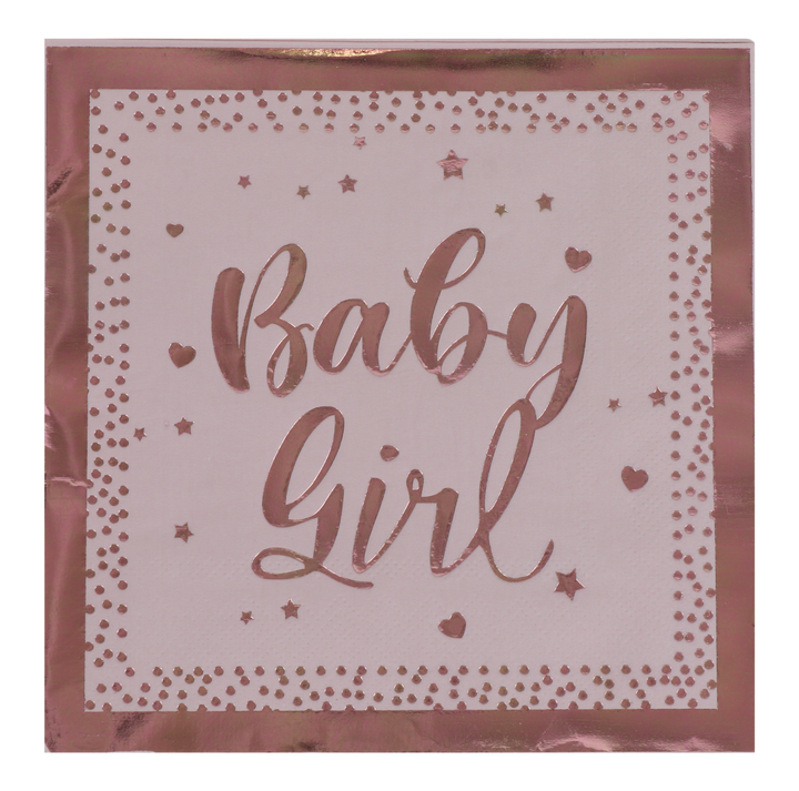 Pink napkin with a metallic rose-gold border and Baby Girl script inside a dotted frame