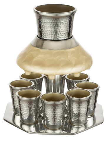 Kiddush wine fountain with hammered silver-tone cups, pearl dome and 8 cups on tray