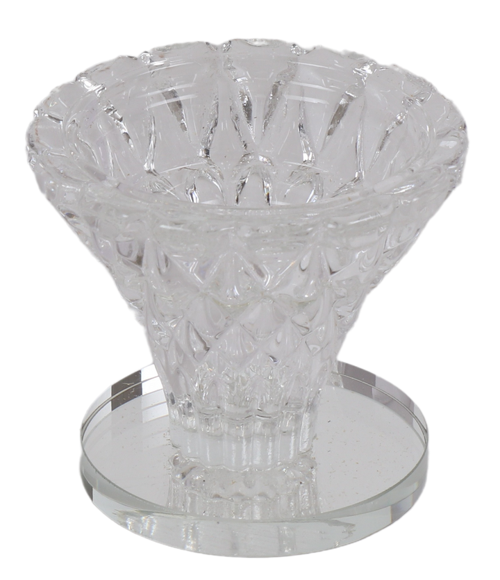 Short clear cut crystal candle holder with flared faceted cup on a round flat base