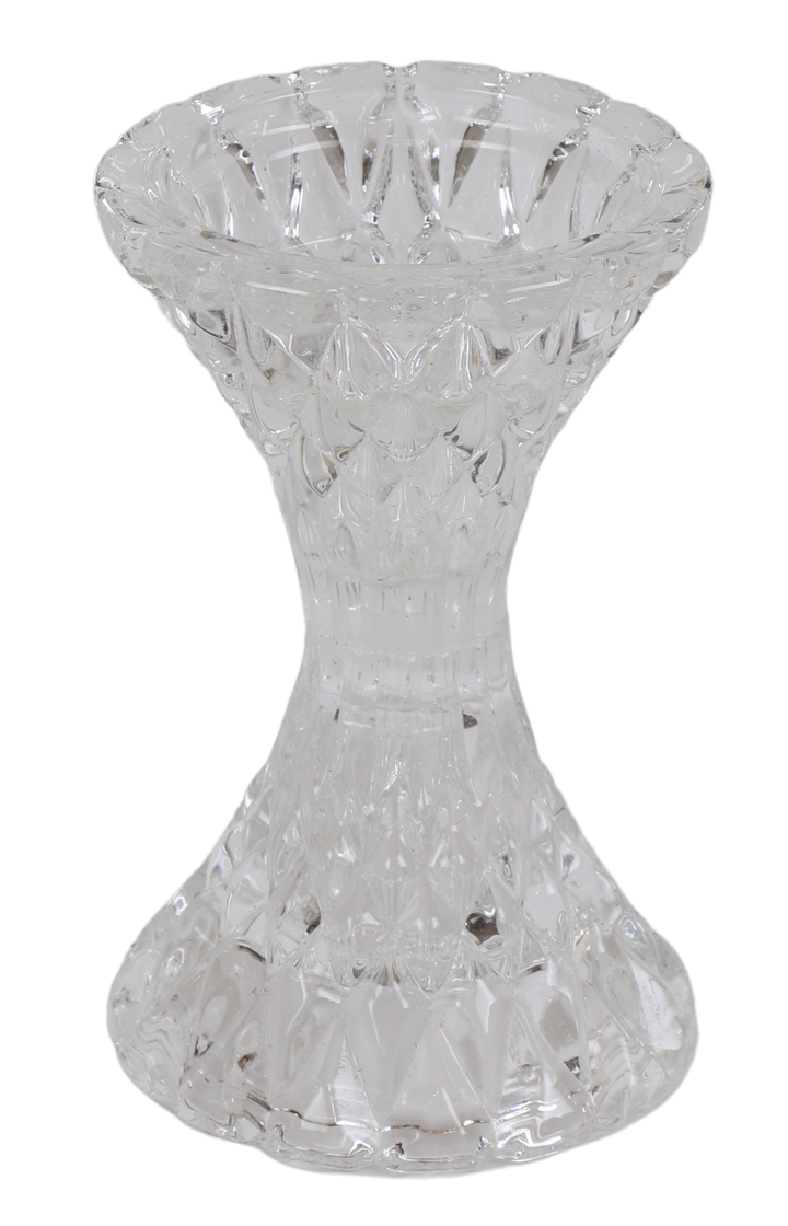 Clear cut crystal candlestick in an hourglass shape with diamond facets, side view