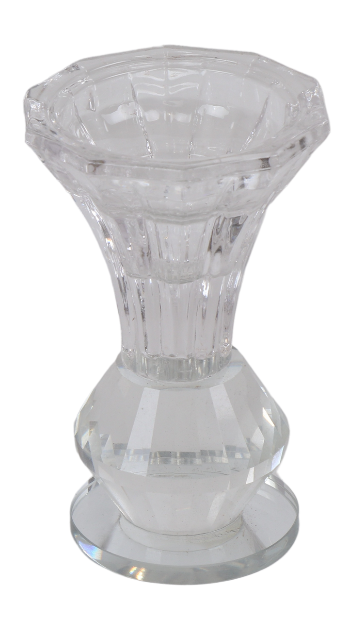 Single clear crystal candlestick with fluted flared cup and faceted round body, front view