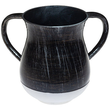 Black aluminum washing cup with brushed silver streaks and silver-tone lower band