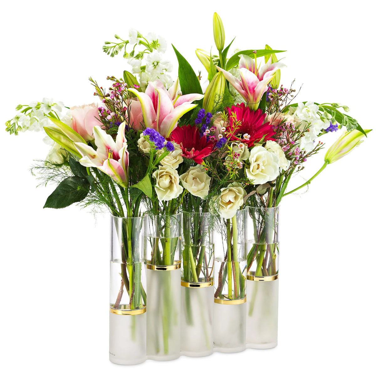 Alexandria five-section acrylic vase with gold rings holding a mixed bouquet of lilies and roses
