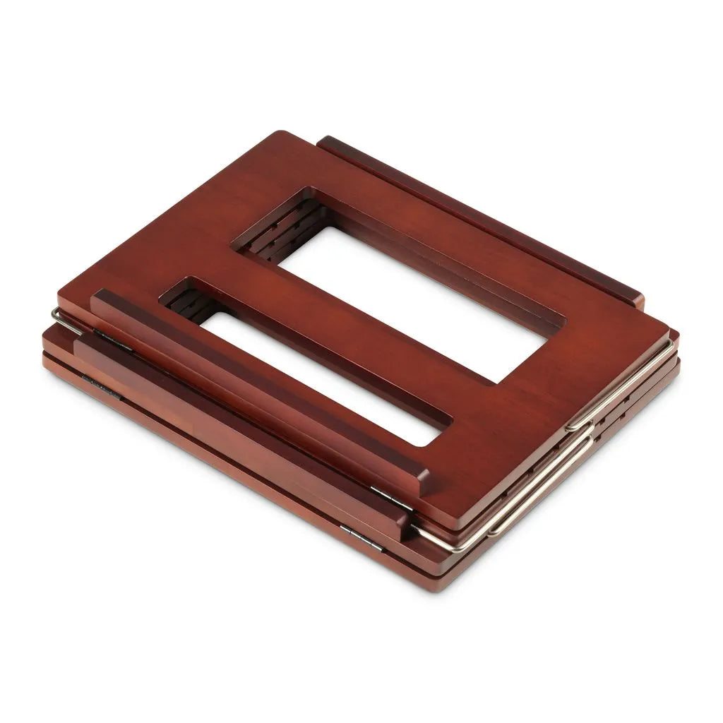 Shalsheles dark oak two-tone wooden book stand folded flat, top-down angled view