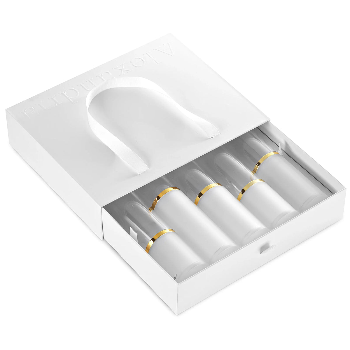 Alexandria five-tube acrylic flower vase packed in its white gift box with ribbon handle, drawer open