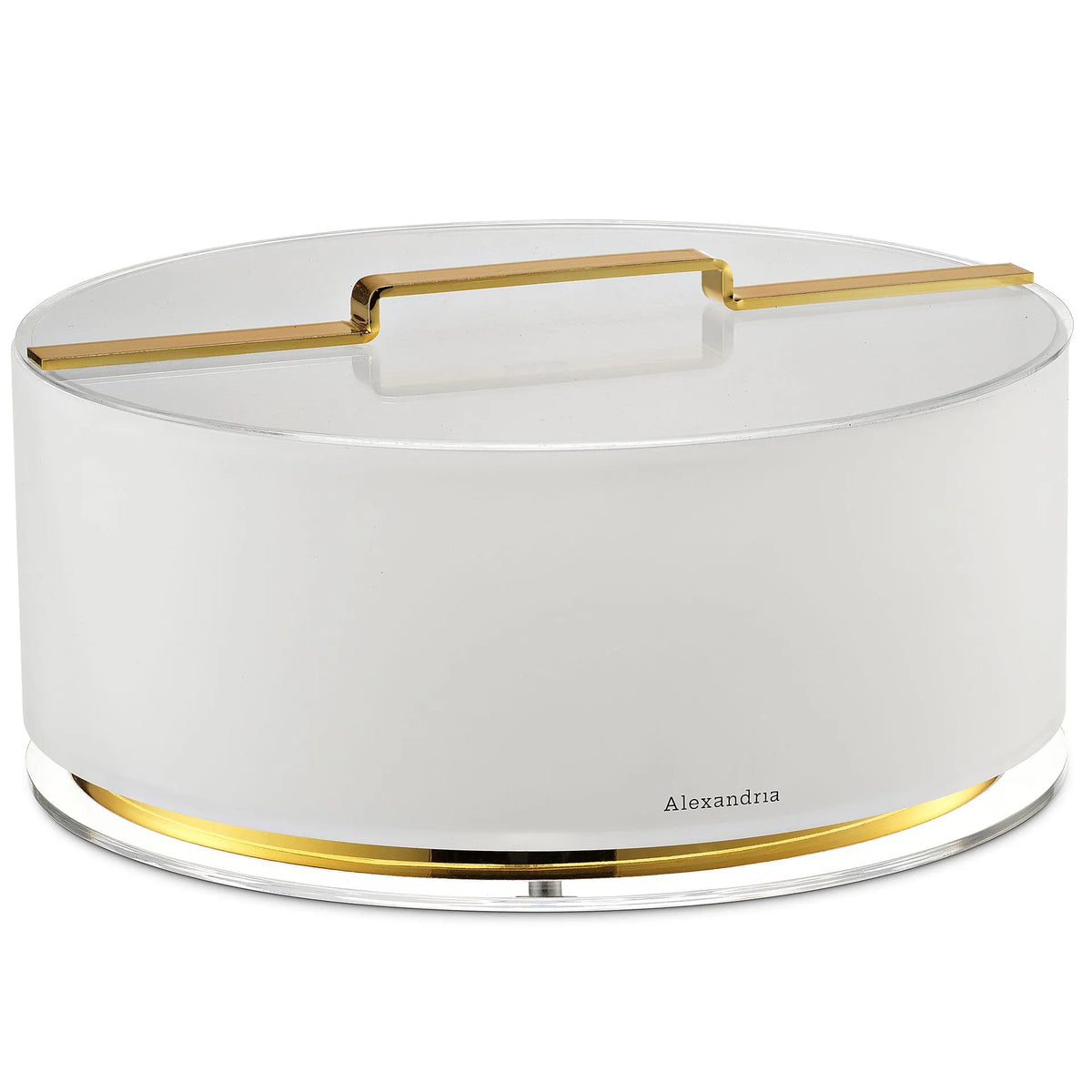 Alexandria floating matzah box with white body, gold-tone base band and gold handle on the lid
