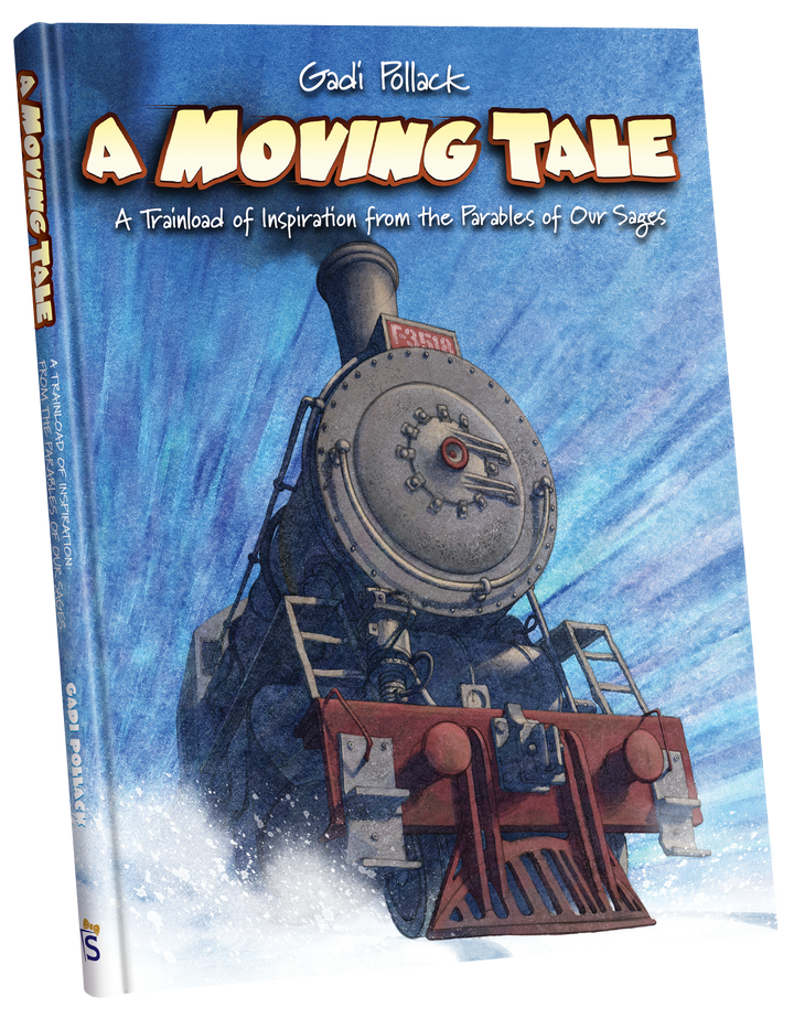 A Moving Tale cover by Gadi Pollack with a steam locomotive barreling through a blue snowstorm